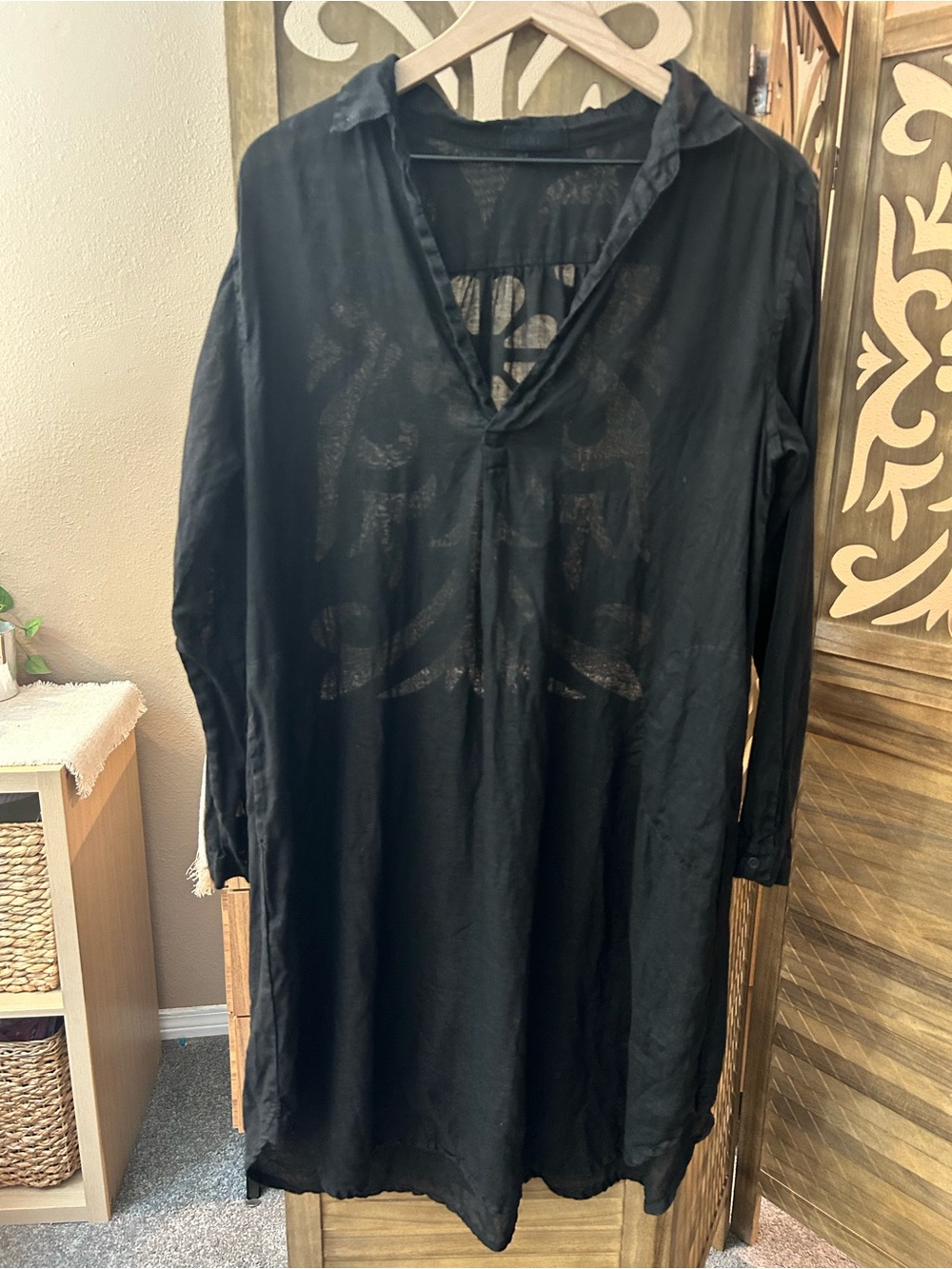CL Shades Black Linen V-Neck Semi Sheer Midi Dress